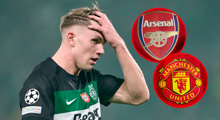 Viktor Gyokeres looks on with the Arsenal and Manchester United badges next to him.