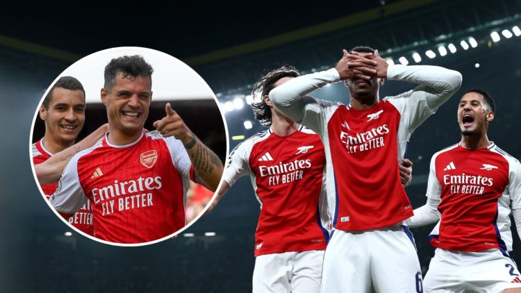 Gabriel celebrates. Inset, Granit Xhaka laughs.