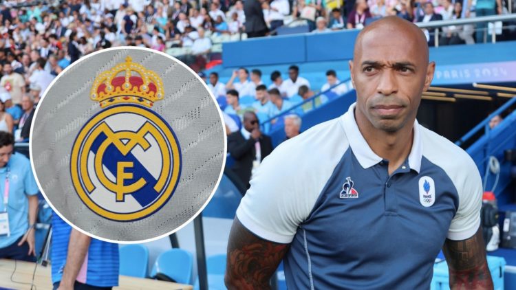 Thierry Henry. Inset, Real Madrid badge.