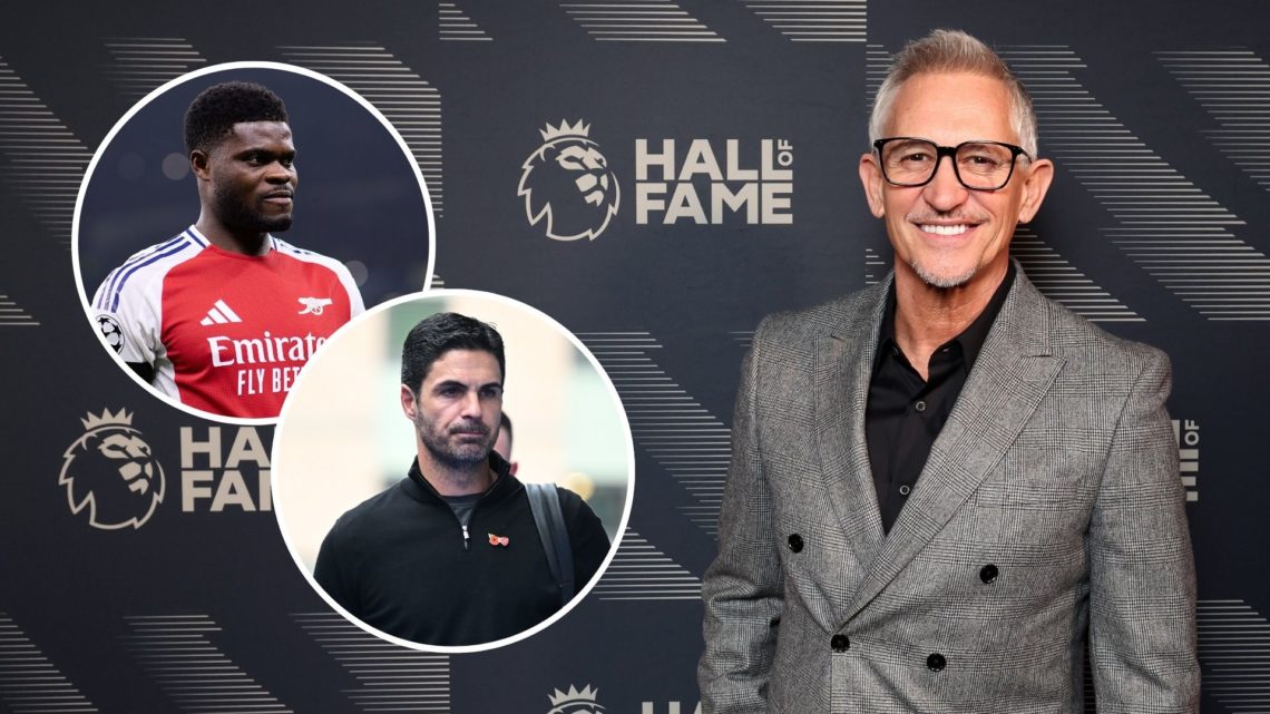 Gary Lineker poses for a photo as he arrives ahead of the Premier League Hall of Fame 2024 Inductions event. Inset, Mikel Arteta and Thomas Partey.