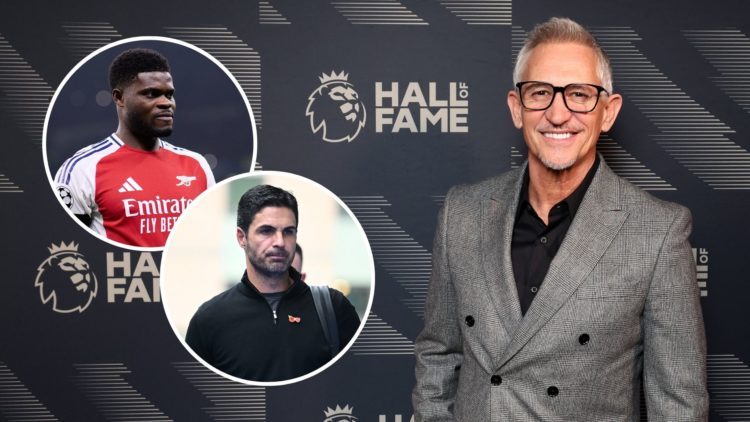 Gary Lineker poses for a photo as he arrives ahead of the Premier League Hall of Fame 2024 Inductions event. Inset, Mikel Arteta and Thomas Partey.
