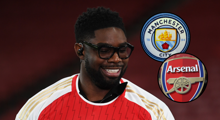 Micah Richards smiles next to an Arsenal and Man City badge.