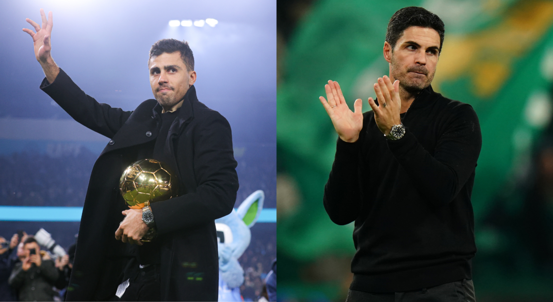 A split image featuring Rodri receiving his Ballon d'Or and Mikel Arteta applauding his Arsenal side against Sporting CP.