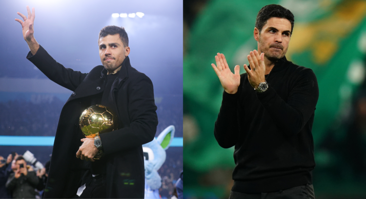 A split image featuring Rodri receiving his Ballon d'Or and Mikel Arteta applauding his Arsenal side against Sporting CP.