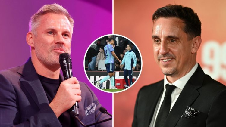 Split image of Jamie Carragher and Gary Neville. Inset, an Arsenal player being sent off the pitch.