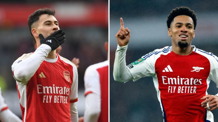 Split image of Gabriel Martinelli and Ethan Nwaneri, both celebrating.