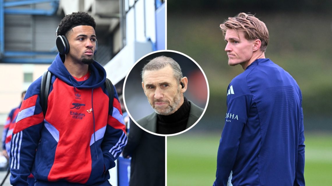 Split image of Ethan Nwaneri and Martin Odegaard. Inset, Martin Keown.