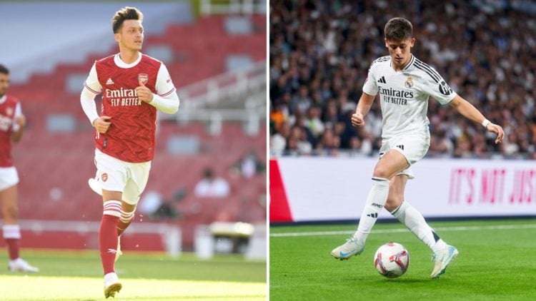 Mesut Ozil in Arsenal kit alongside Arda Guler in Real Madrid kit.