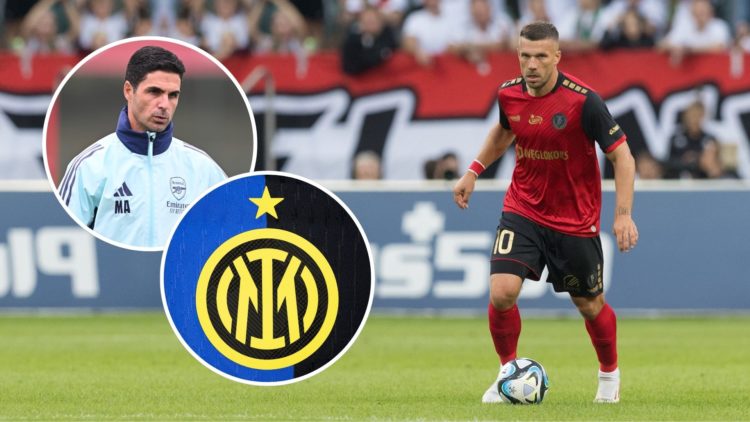 Lukas Podolski during Legia Warsaw vs Gornik Zabrze, PKO Ekstraklasa match, in Warsaw, Poland on September 24, 2023. Inset, Mikel Arteta and the In...