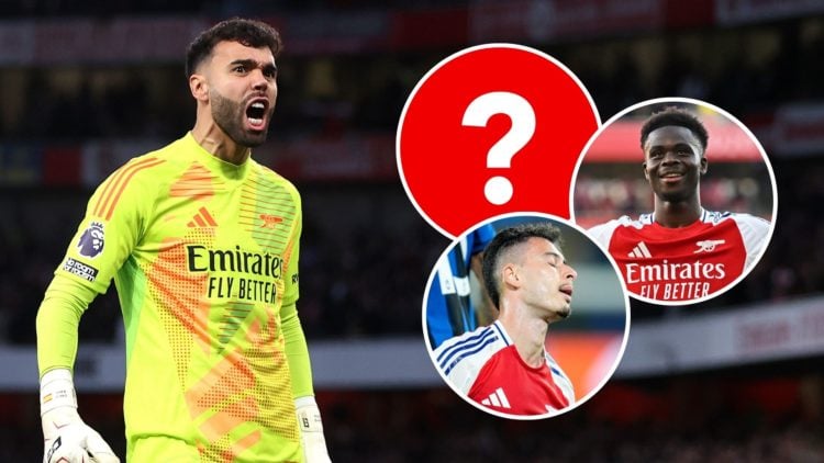 David Raya of Arsenal celebrates during the Premier League match between Arsenal FC and Liverpool FC at Emirates Stadium. Inset, Gabriel Martinelli...