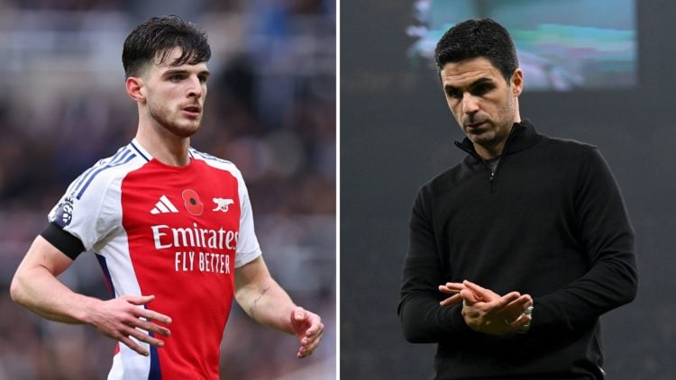 Split image of Declan Rice and Mikel Arteta.
