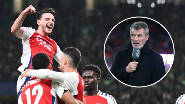 Declan Rice celebrating. Inset, Roy Keane.