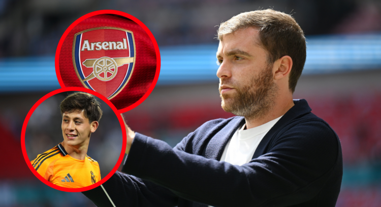 An image featuring Fabrizio Romano, Arsenal badge and Arda Guler.