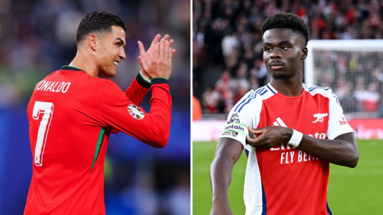 Split image of Cristiano Ronaldo and Bukayo Saka.