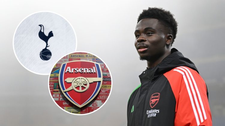Bukayo Saka talks to the media at the San Siro. Inset, Arsenal and Spurs badges.