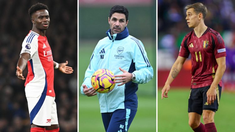 Saka (L) Arteta (C) and Trossard (R)