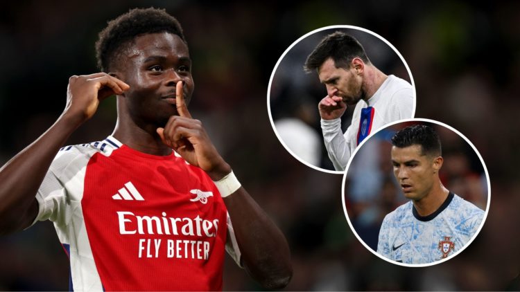 Bukayo Saka. Inset, Cristiano Ronaldo and Lionel Messi.