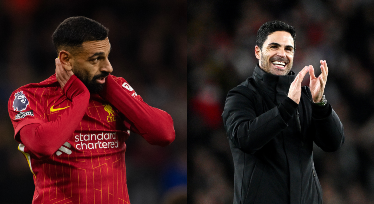 An image featuring Mohamed Salah looking on as Mikel Arteta claps.
