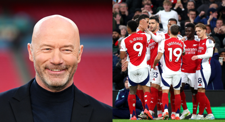 An image featuring Alan Shearer and the Arsenal players celebrating.
