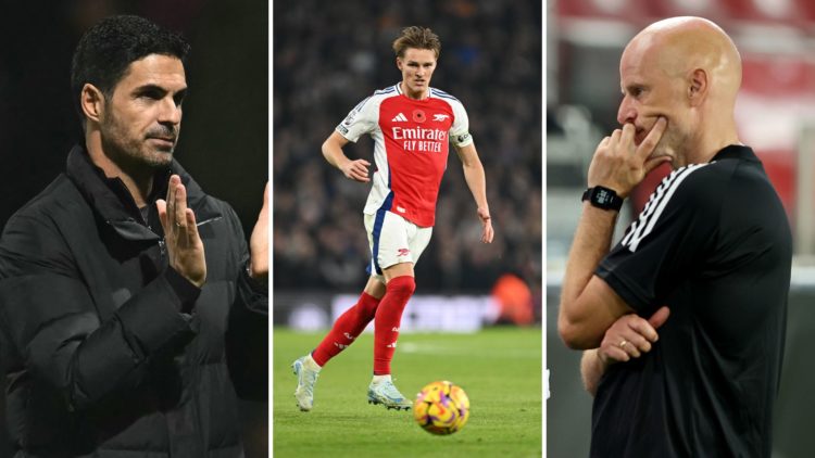 Split image of Mikel Arteta, Martin Odegaard, and Solbakken.
