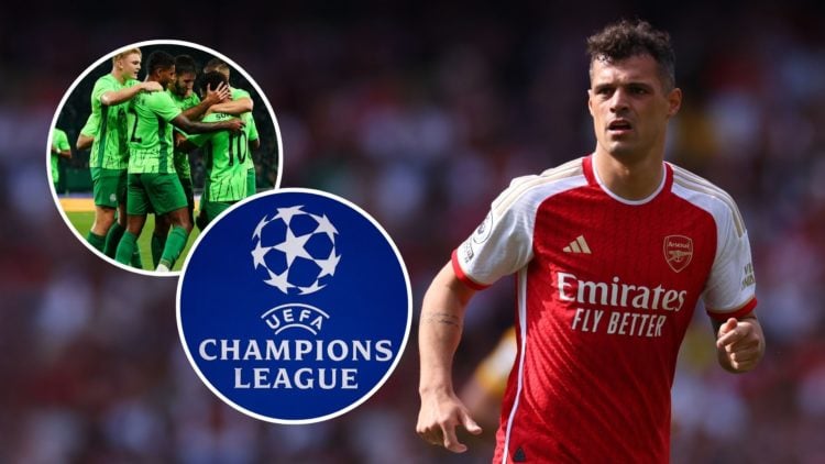 Granit Xhaka. Inset, Sporting CP and Champions League logo.