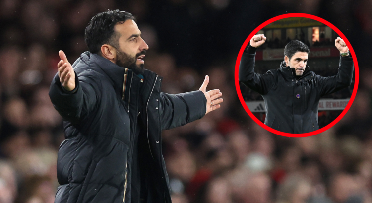 A split image featuring Manchester United manager Ruben Amorim and Arsenal head coach Mikel Arteta.