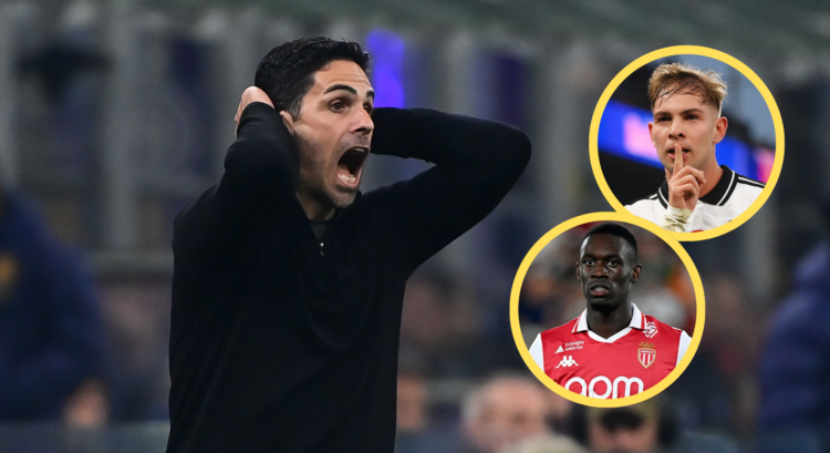 An image featuring Mikel Arteta, Emile Smith Rowe and Folarin Balogun.