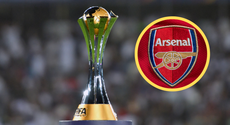 A split image featuring the Club World Cup trophy and an Arsenal badge.