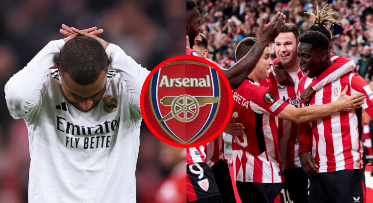 A split image featuring Kylian Mbappe, Arsenal badge and Athletic Bilbao players.