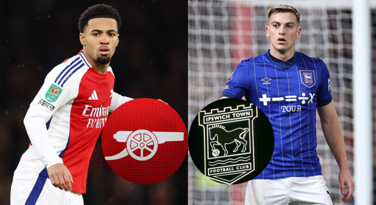 An image featuring Arsenal star Ethan Nwaneri and Ipswich's Liam Delap.
