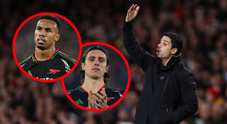 An image featuring Arsenal stars Gabriel Magalhaes, Riccardo Calafiori and Mikel Arteta.