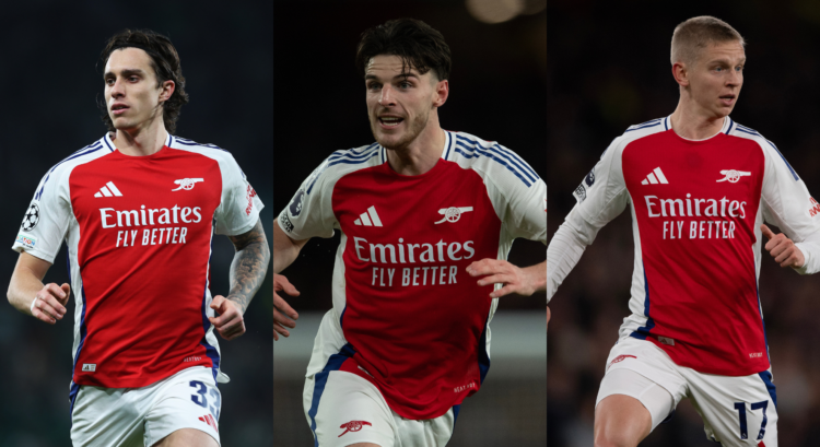 Riccardo Calafiori, Declan Rice and Oleksandr Zinchenko featuring for Arsenal.