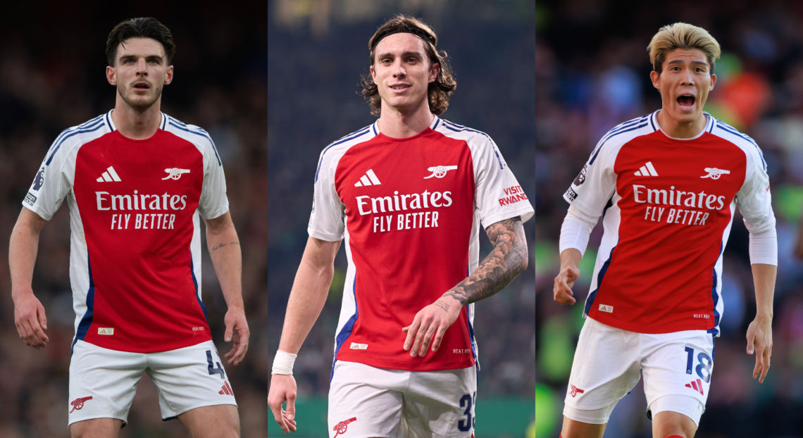 An image featuring Arsenal trio Declan Rice, Riccardo Calafiori and Takehiro Tomiyasu.