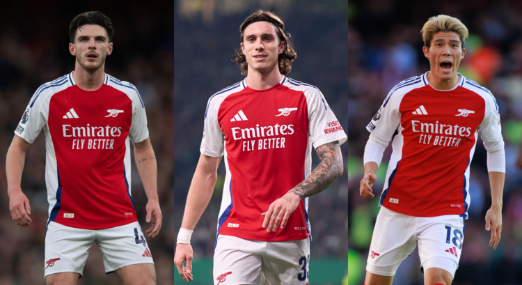 An image featuring Arsenal trio Declan Rice, Riccardo Calafiori and Takehiro Tomiyasu.