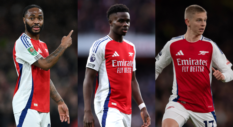 An image featuring Raheem Sterling, Bukayo Saka and Oleksandr Zinchenko at Arsenal.