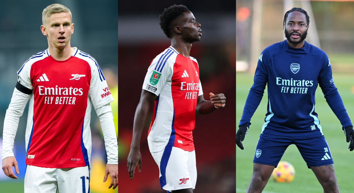 An image featuring Arsenal stars Oleksandr Zinchenko, Bukayo Saka and Raheem Sterling.