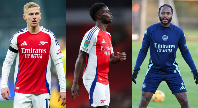 An image featuring Arsenal stars Oleksandr Zinchenko, Bukayo Saka and Raheem Sterling.