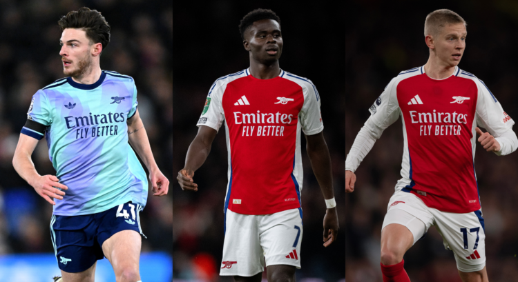 An image featuring Declan Rice, Bukayo Saka and Oleksandr Zinchenko.