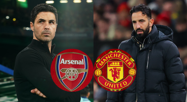 A split image featuring Mikel Arteta looking on during an Arsenal game with Ruben Amorim on the sidelines for Manchester United.