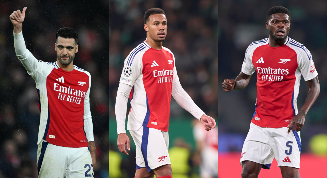 An image featuring Mikel Merino, Gabriel Magalhaes and Thomas Partey.