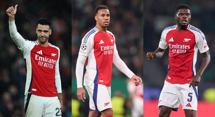 An image featuring Mikel Merino, Gabriel Magalhaes and Thomas Partey.