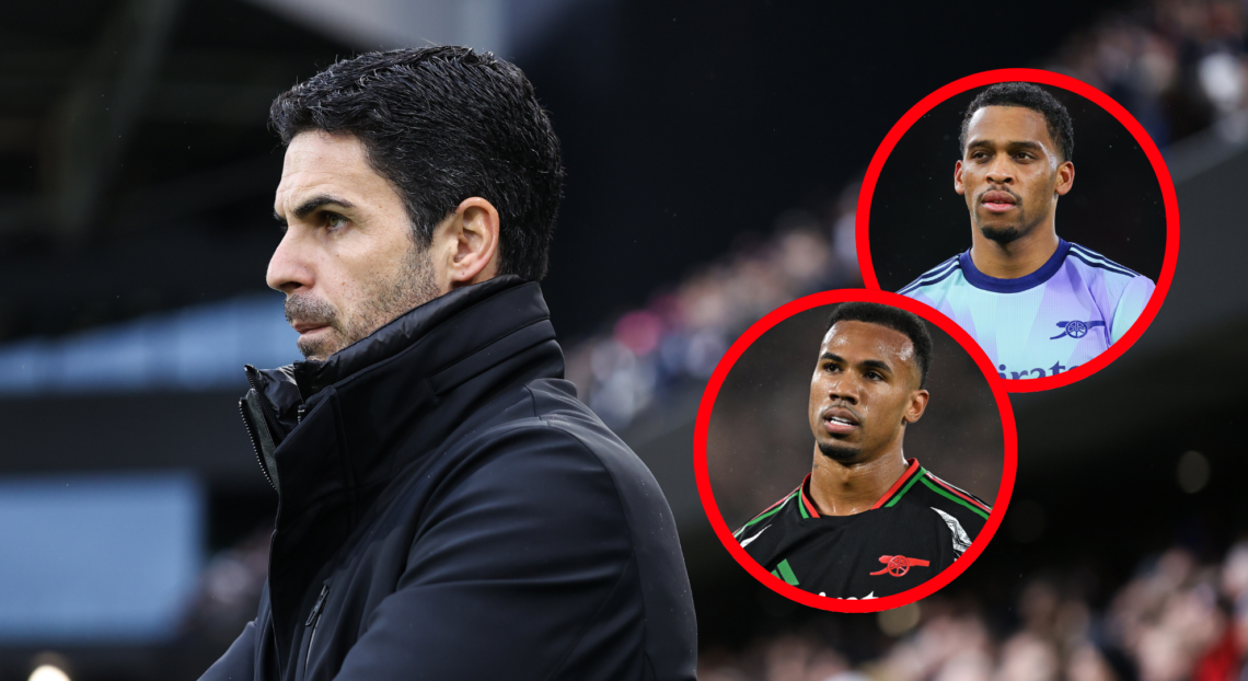 An image featuring Mikel Arteta, Gabriel Magalhaes and Jurrien Timber, all of Arsenal.