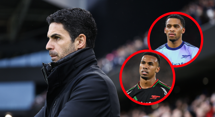 An image featuring Mikel Arteta, Gabriel Magalhaes and Jurrien Timber, all of Arsenal.