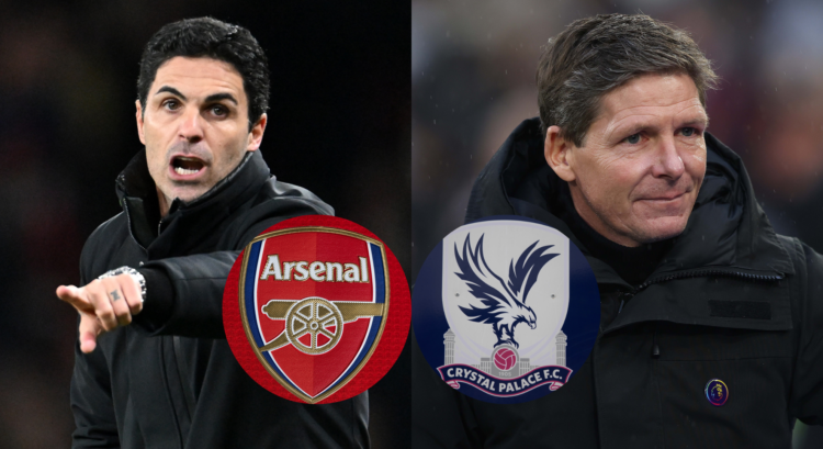 An image featuring Mikel Arteta, Arsenal badge, Oliver Glasner and the Crystal Palace badge.
