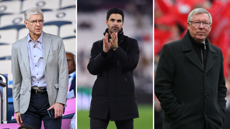Split of Arsene Wenger (left), Mikel Arteta (middle) and Sir Alex Ferguson please