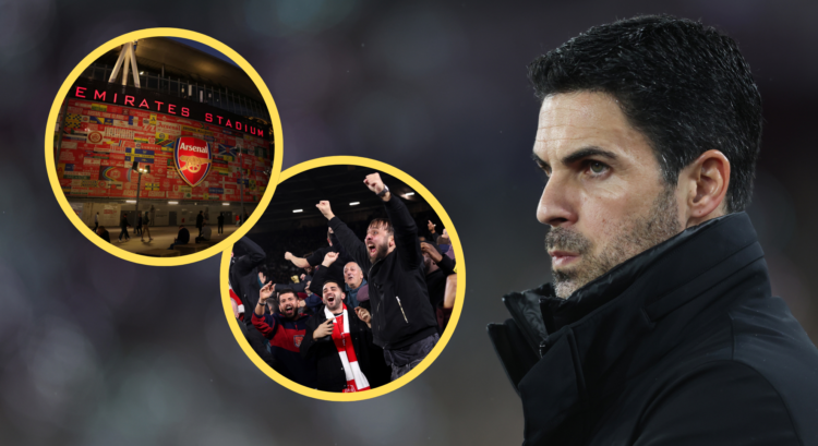 An image featuring Mikel Arteta, the Emirates Stadium and Arsenal fans.