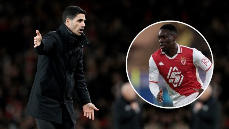 Mikel Arteta gestures. Inset, Folarin Balogun.