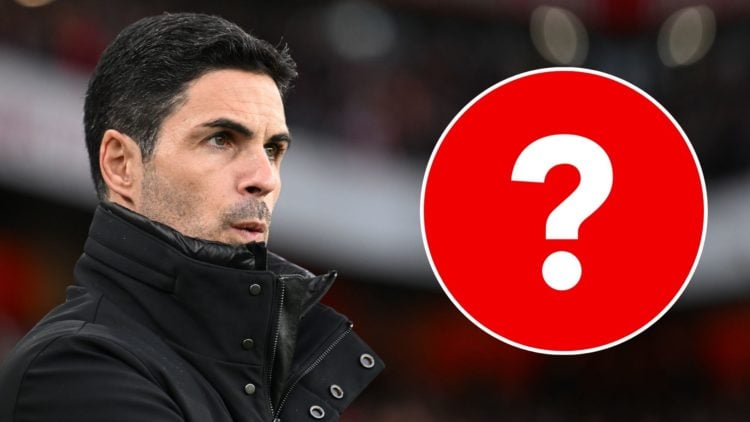 Mikel Arteta, Manager of Arsenal, looks on prior to the Premier League match between Arsenal FC and Nottingham Forest FC. Inset, question mark.