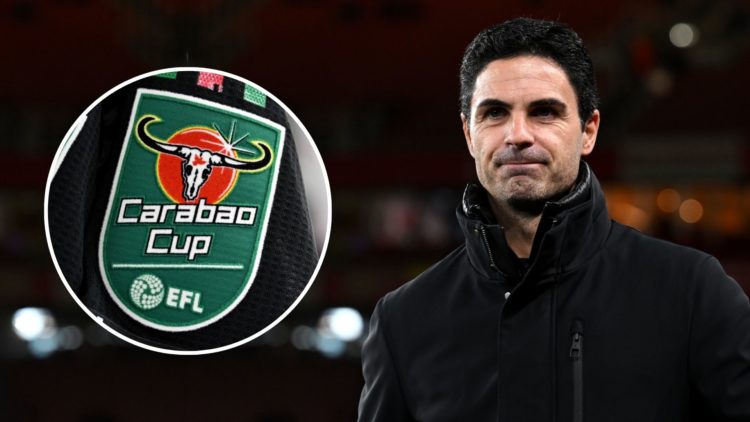 Mikel Arteta. Inset, Carabao Cup/Efl logo.
