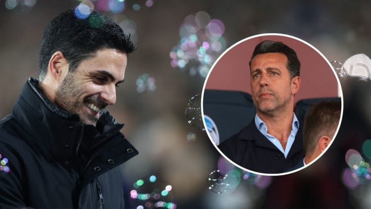 Mikel Arteta smiling. Inset, Edu Gaspar looks concerned.